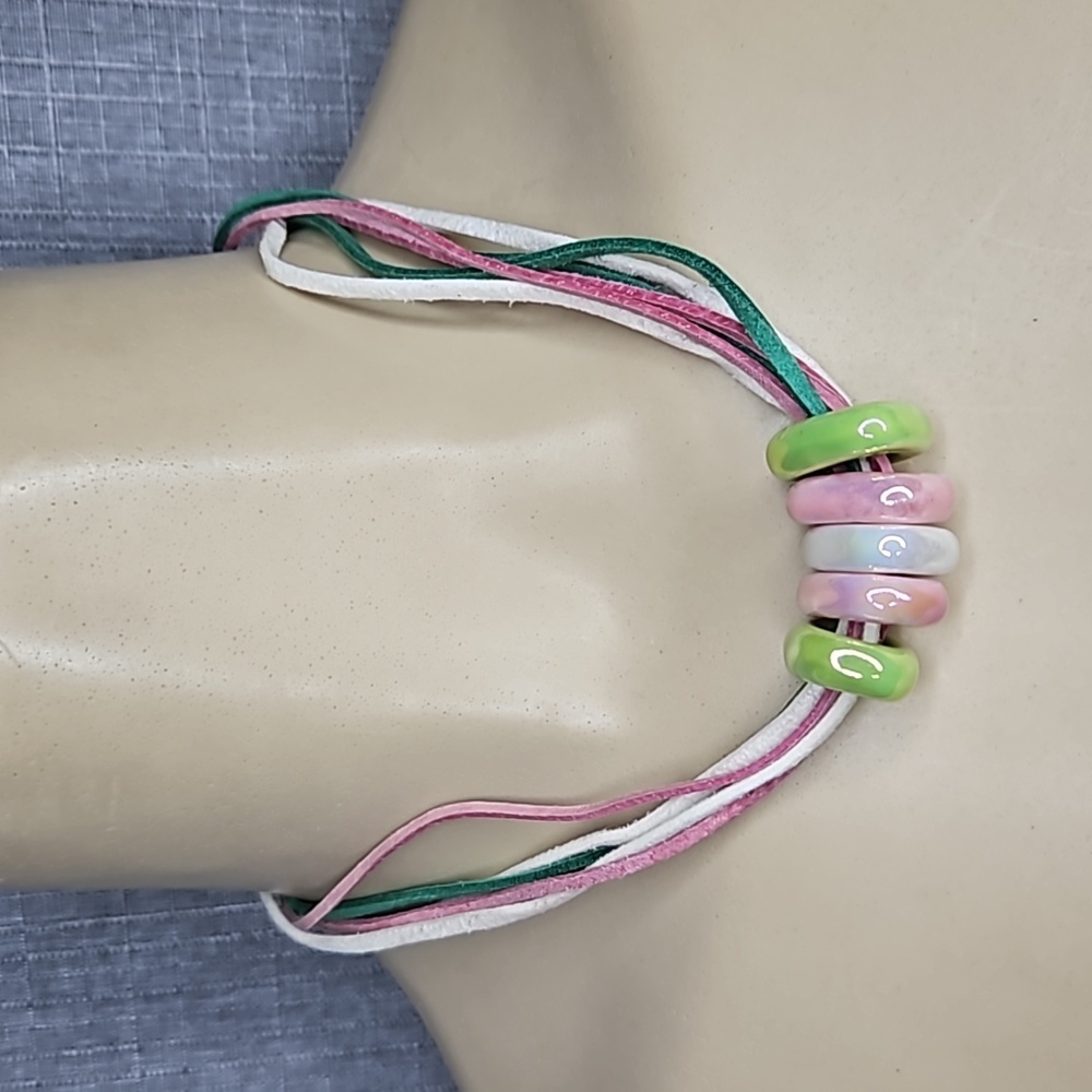 CHUNKY NECKLACE & BRACLET SET IN PINK. GREEN AND WHITE Ceramic